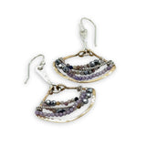 Brass fans suspended by a floral stamped sterling silver paddle with oxidized sterling twist wire, mixed color gemstone, cubic zirconia, and pyrite faceted gemstones