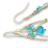 Brass hammered teardrop earrings with turquoise gemstone details on gold filled wire with twisted sterling silver built in earring hooks