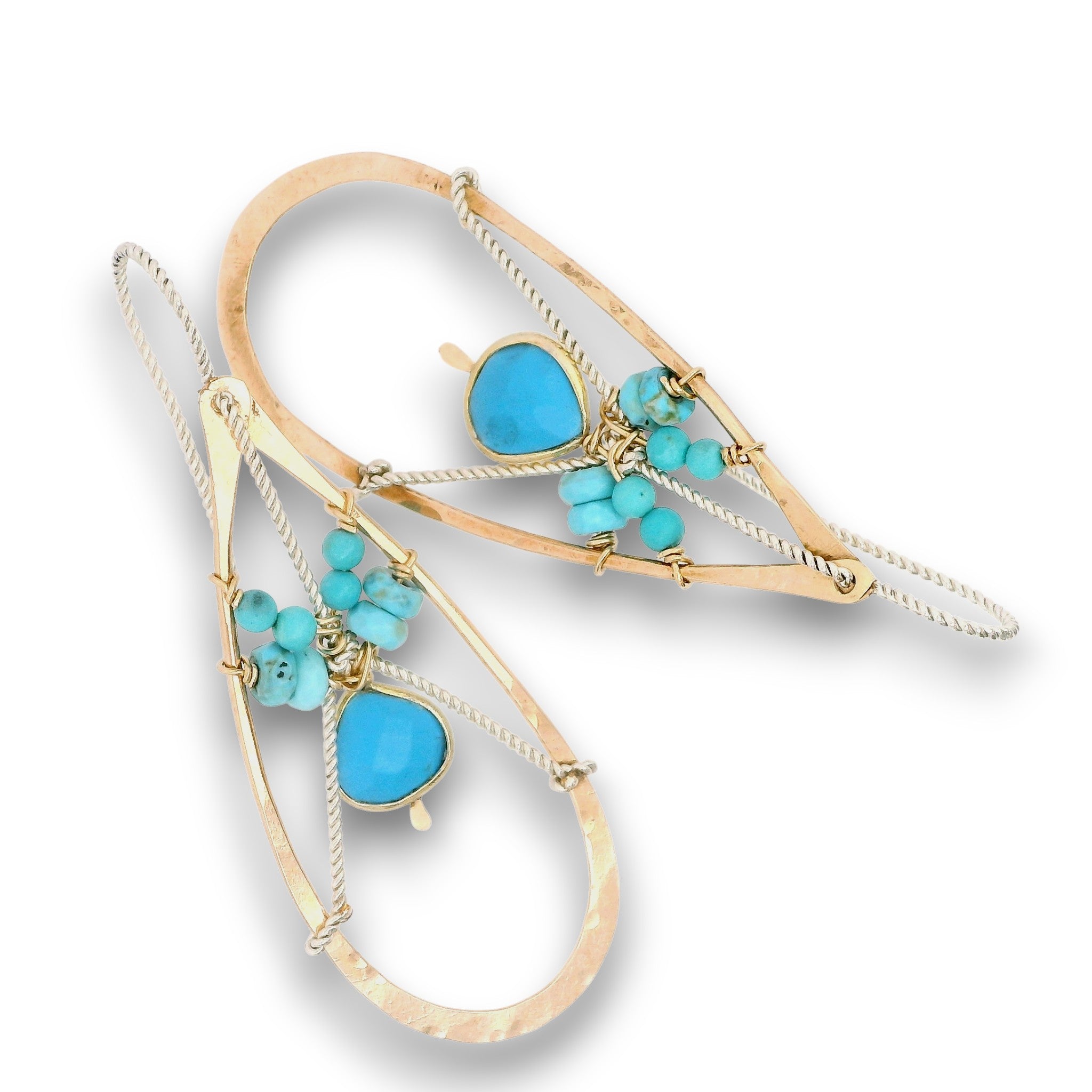 Brass hammered teardrop earrings with turquoise gemstone details on gold filled wire with twisted sterling silver built in earring hooks