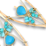 Brass hammered teardrop earrings with turquoise gemstone details on gold filled wire with twisted sterling silver built in earring hooks