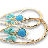 Brass hammered teardrop earrings with turquoise gemstone details on gold filled wire with twisted sterling silver built in earring hooks
