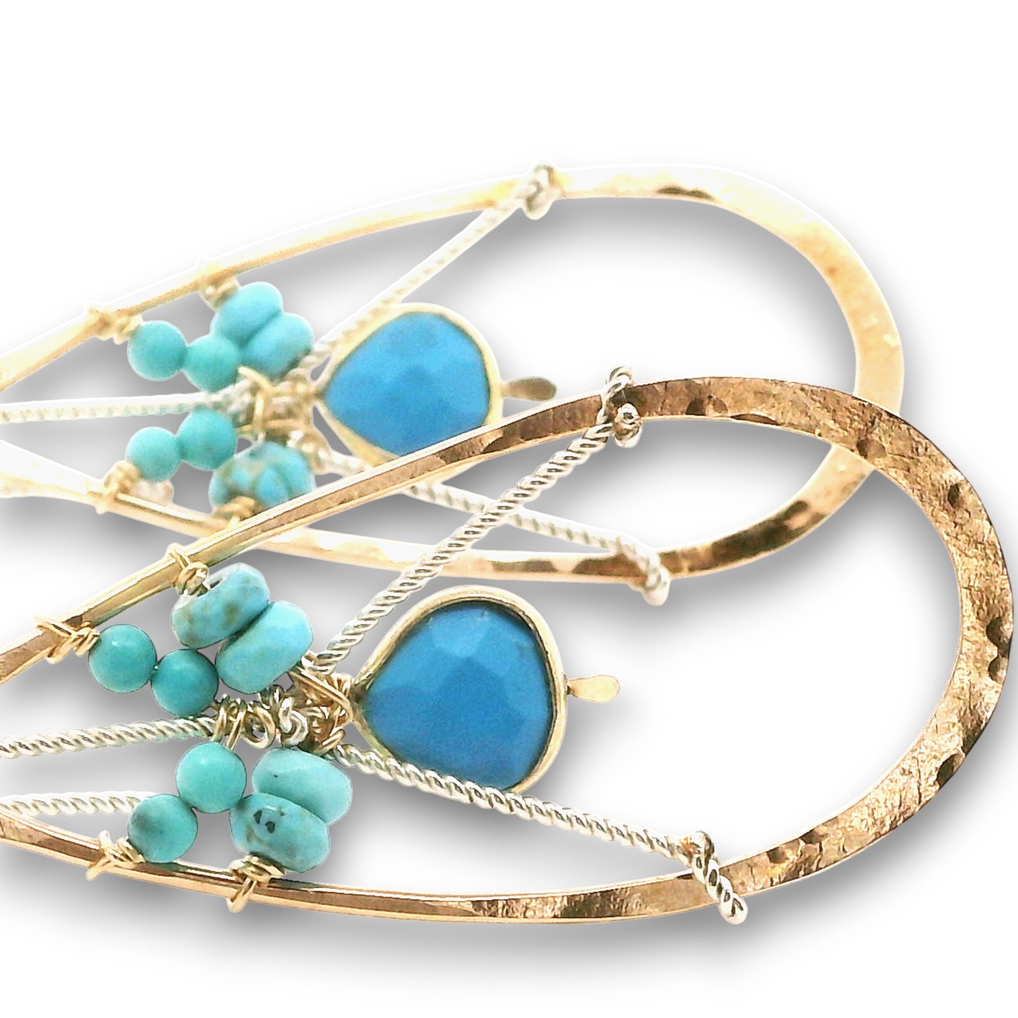 Brass hammered teardrop earrings with turquoise gemstone details on gold filled wire with twisted sterling silver built in earring hooks