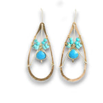 Brass hammered teardrop earrings with turquoise gemstone details on gold filled wire with twisted sterling silver built in earring hooks