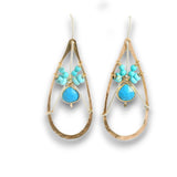 Brass hammered teardrop earrings with turquoise gemstone details on gold filled wire with twisted sterling silver built in earring hooks