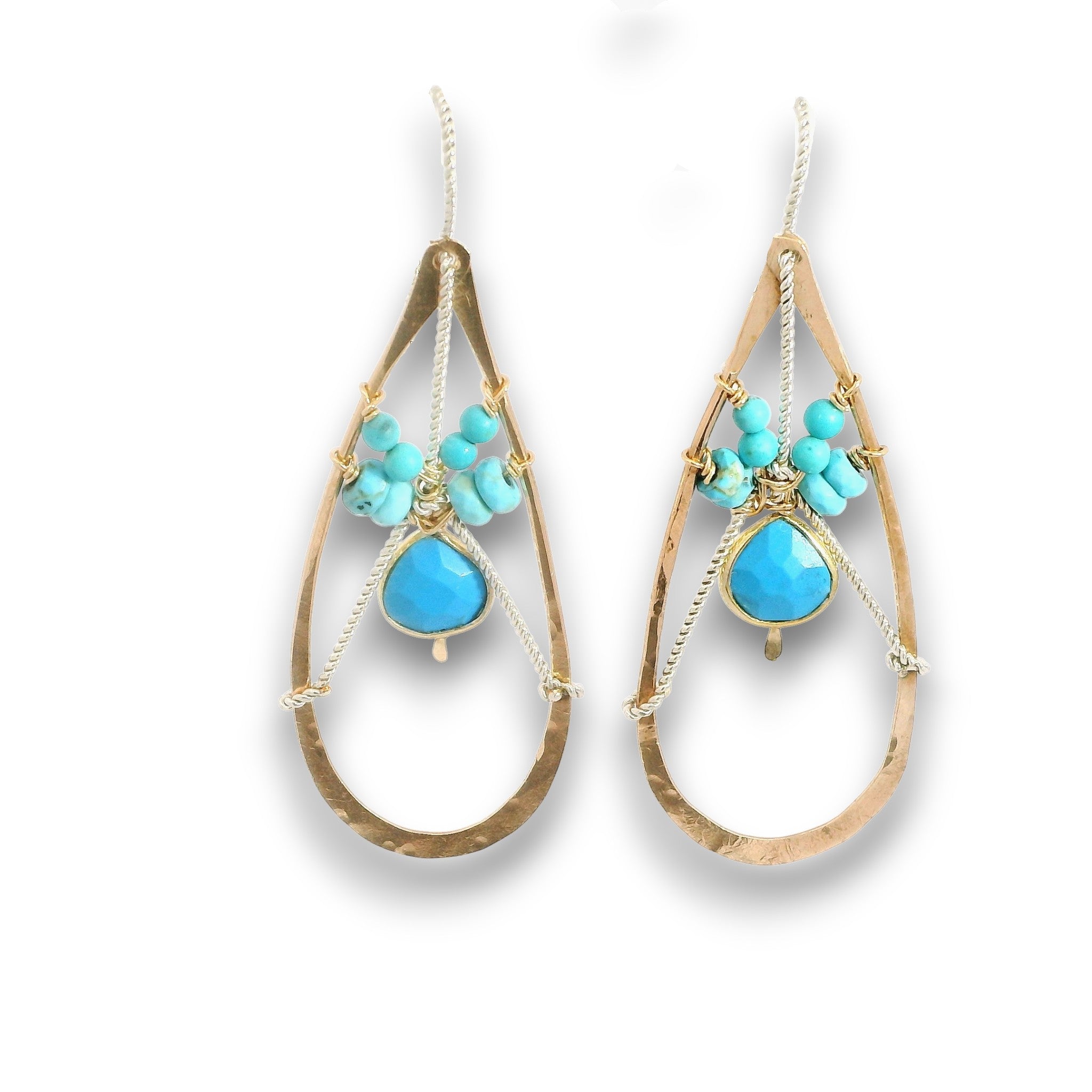 Brass hammered teardrop earrings with turquoise gemstone details on gold filled wire with twisted sterling silver built in earring hooks