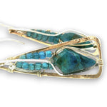 Bronze triangle earrings with built in sterling silver earring hooks, featuring chrysocolla diamonds and mini apatite cube gemstones on gold filled wire