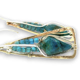 Bronze triangle earrings with built in sterling silver earring hooks, featuring chrysocolla diamonds and mini apatite cube gemstones on gold filled wire