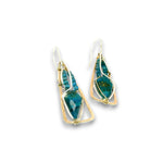 Bronze triangle earrings with built in sterling silver earring hooks, featuring chrysocolla diamonds and mini apatite cube gemstones on gold filled wire