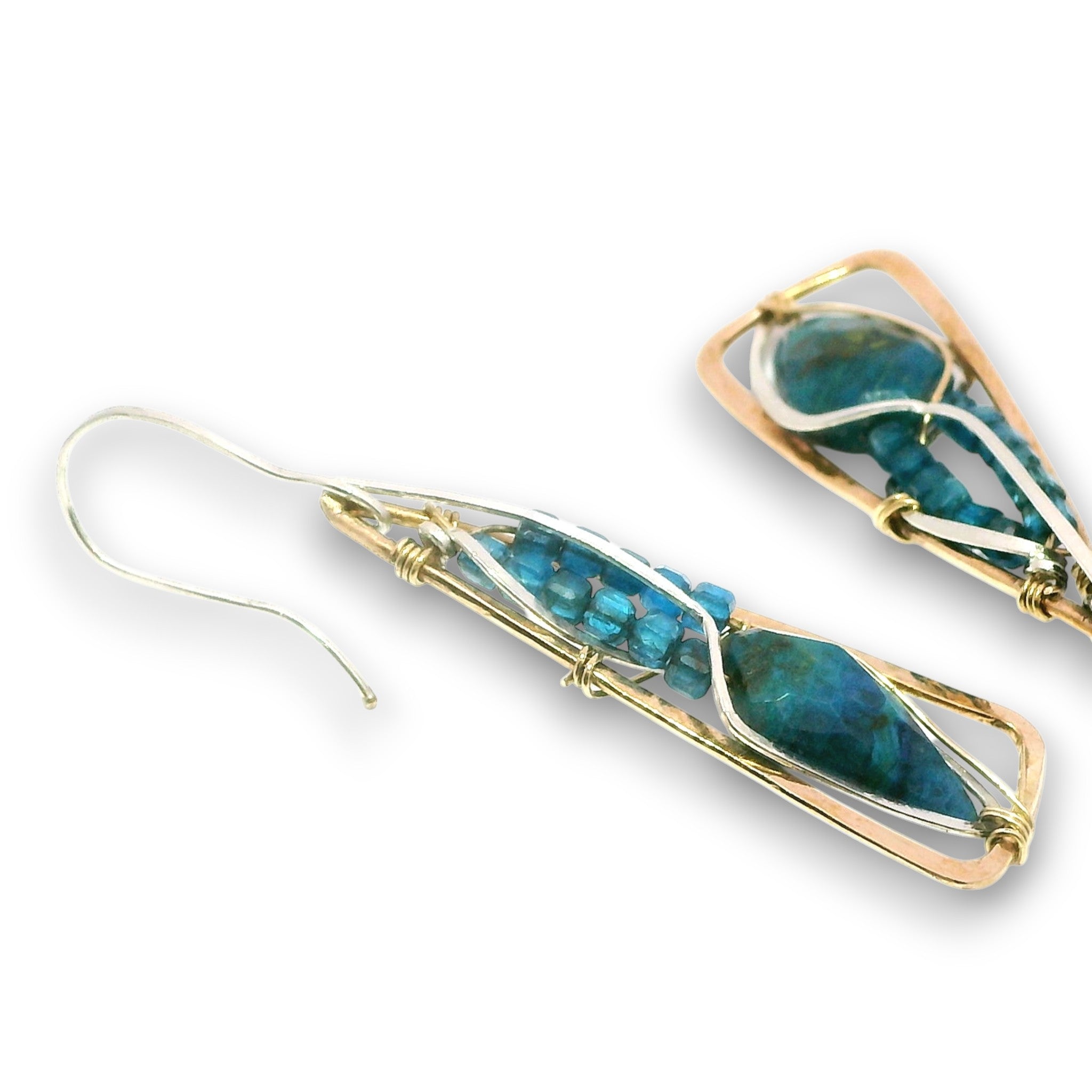 Bronze triangle earrings with built in sterling silver earring hooks, featuring chrysocolla diamonds and mini apatite cube gemstones on gold filled wire