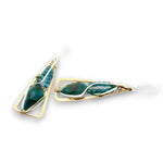 Bronze triangle earrings with built in sterling silver earring hooks, featuring chrysocolla diamonds and mini apatite cube gemstones on gold filled wire