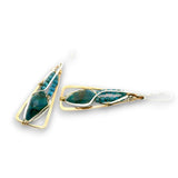 Bronze triangle earrings with built in sterling silver earring hooks, featuring chrysocolla diamonds and mini apatite cube gemstones on gold filled wire