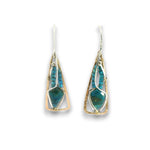 Bronze triangle earrings with built in sterling silver earring hooks, featuring chrysocolla diamonds and mini apatite cube gemstones on gold filled wire