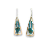 Bronze triangle earrings with built in sterling silver earring hooks, featuring chrysocolla diamonds and mini apatite cube gemstones on gold filled wire