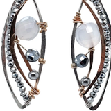 sterling silver marquise earrings with bronze hammered details, faceted quartz coins and pyrite gemstones