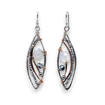 sterling silver marquise earrings with bronze hammered details, faceted quartz coins and pyrite gemstones