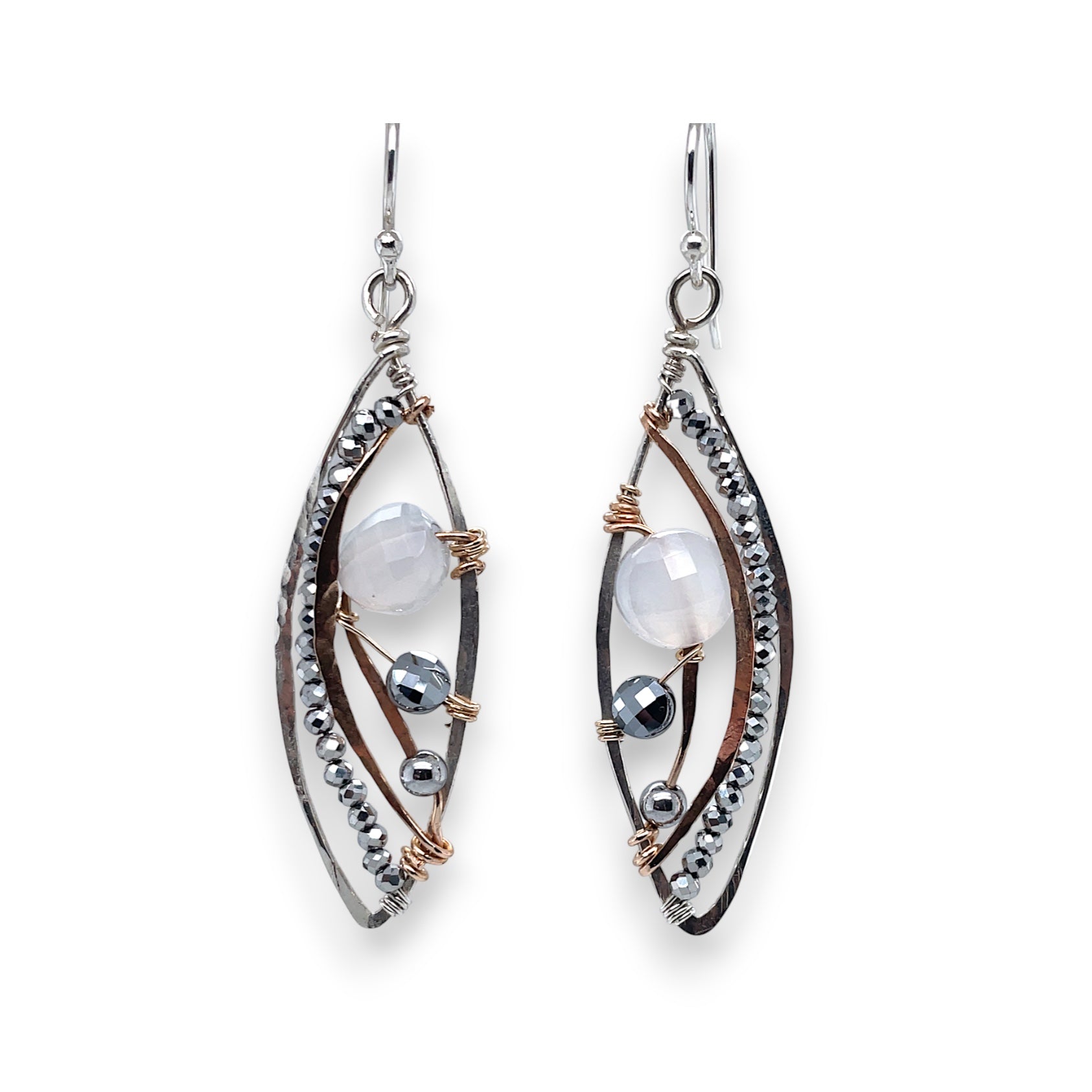 sterling silver marquise earrings with bronze hammered details, faceted quartz coins and pyrite gemstones