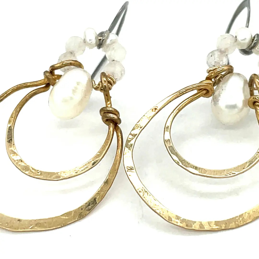 Handmade brass double hoop hanging from moonstone gems and fresh water pearls on gold fill wire