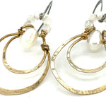 Handmade brass double hoop hanging from moonstone gems and fresh water pearls on gold fill wire