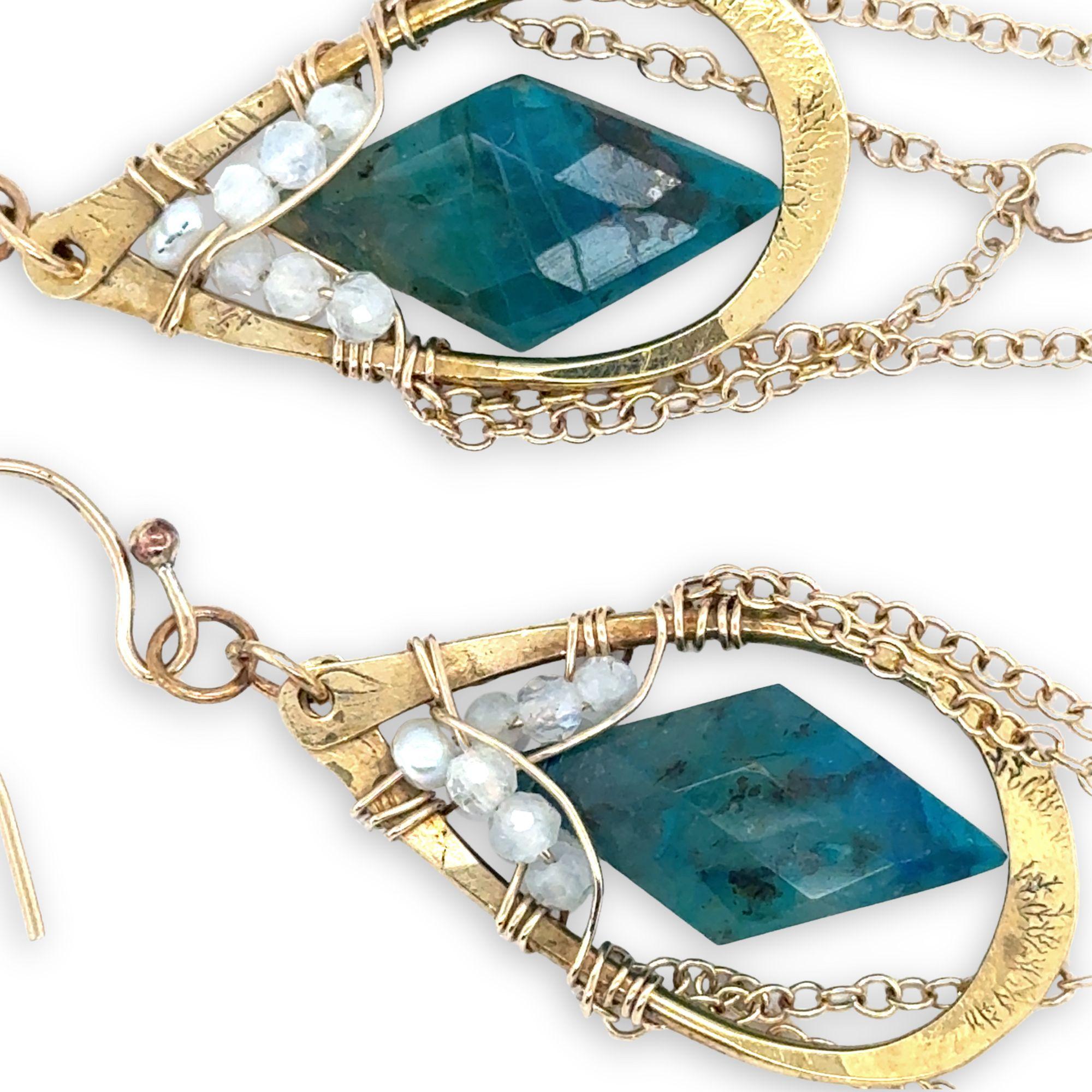 Brass hammered drop earrings with gold filled chain chandelier with a smooth quartz drop dangle, accented with a double pointed faceted chrysocolla lined with moonstone gemstones