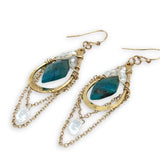 Brass hammered drop earrings with gold filled chain chandelier with a smooth quartz drop dangle, accented with a double pointed faceted chrysocolla lined with moonstone gemstones