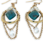 Brass hammered drop earrings with gold filled chain chandelier with a smooth quartz drop dangle, accented with a double pointed faceted chrysocolla lined with moonstone gemstones