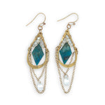 Brass hammered drop earrings with gold filled chain chandelier with a smooth quartz drop dangle, accented with a double pointed faceted chrysocolla lined with moonstone gemstones