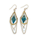 Brass hammered drop earrings with gold filled chain chandelier with a smooth quartz drop dangle, accented with a double pointed faceted chrysocolla lined with moonstone gemstones