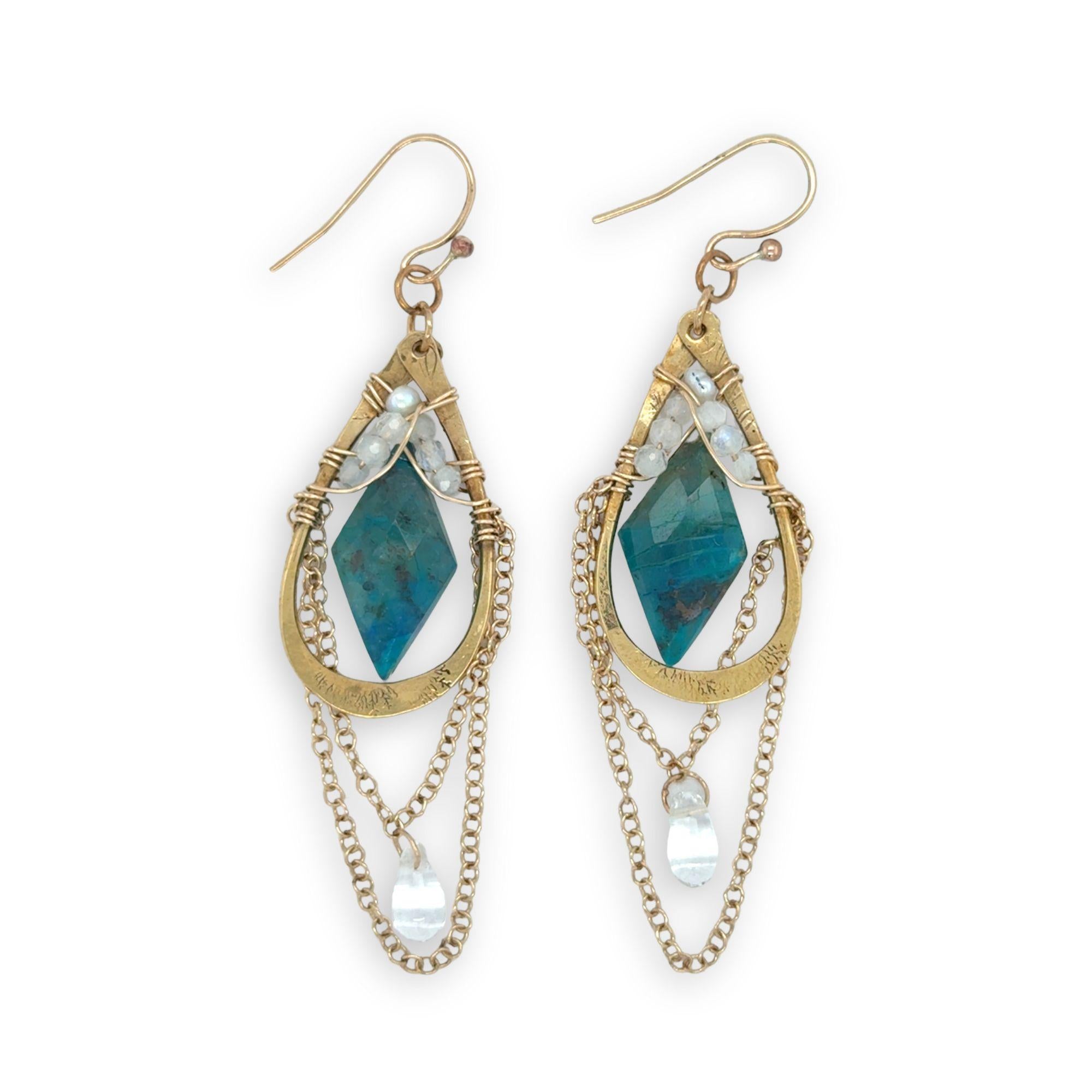 Brass hammered drop earrings with gold filled chain chandelier with a smooth quartz drop dangle, accented with a double pointed faceted chrysocolla lined with moonstone gemstones