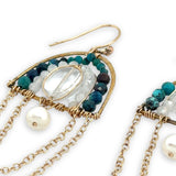 Brass semi circle earrings filled with  chrysocolla, moonstone, and clear quartz gemstones with delicate gold chain and fresh water pearl chanedlier