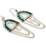 Brass semi circle earrings filled with  chrysocolla, moonstone, and clear quartz gemstones with delicate gold chain and fresh water pearl chanedlier