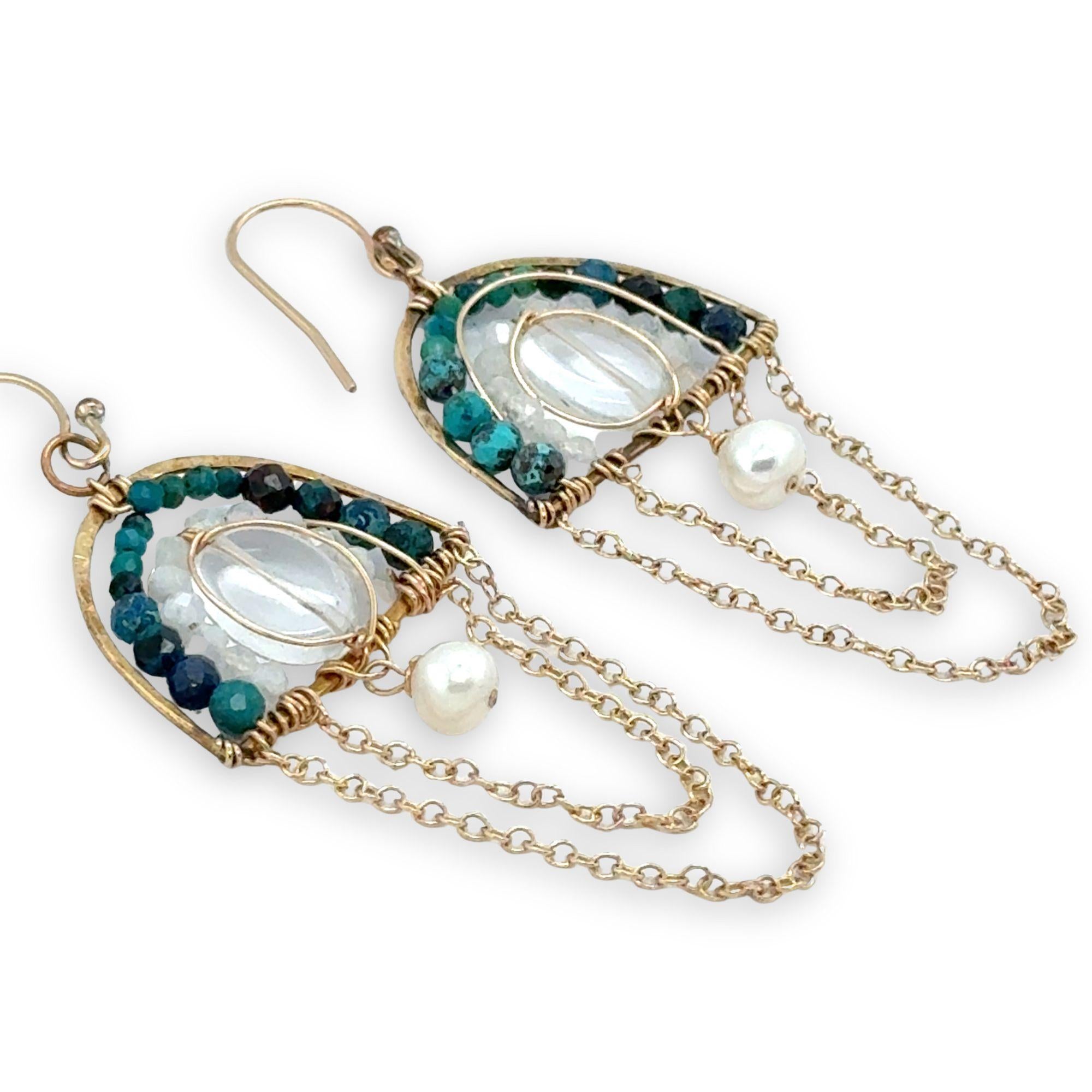 Brass semi circle earrings filled with  chrysocolla, moonstone, and clear quartz gemstones with delicate gold chain and fresh water pearl chanedlier