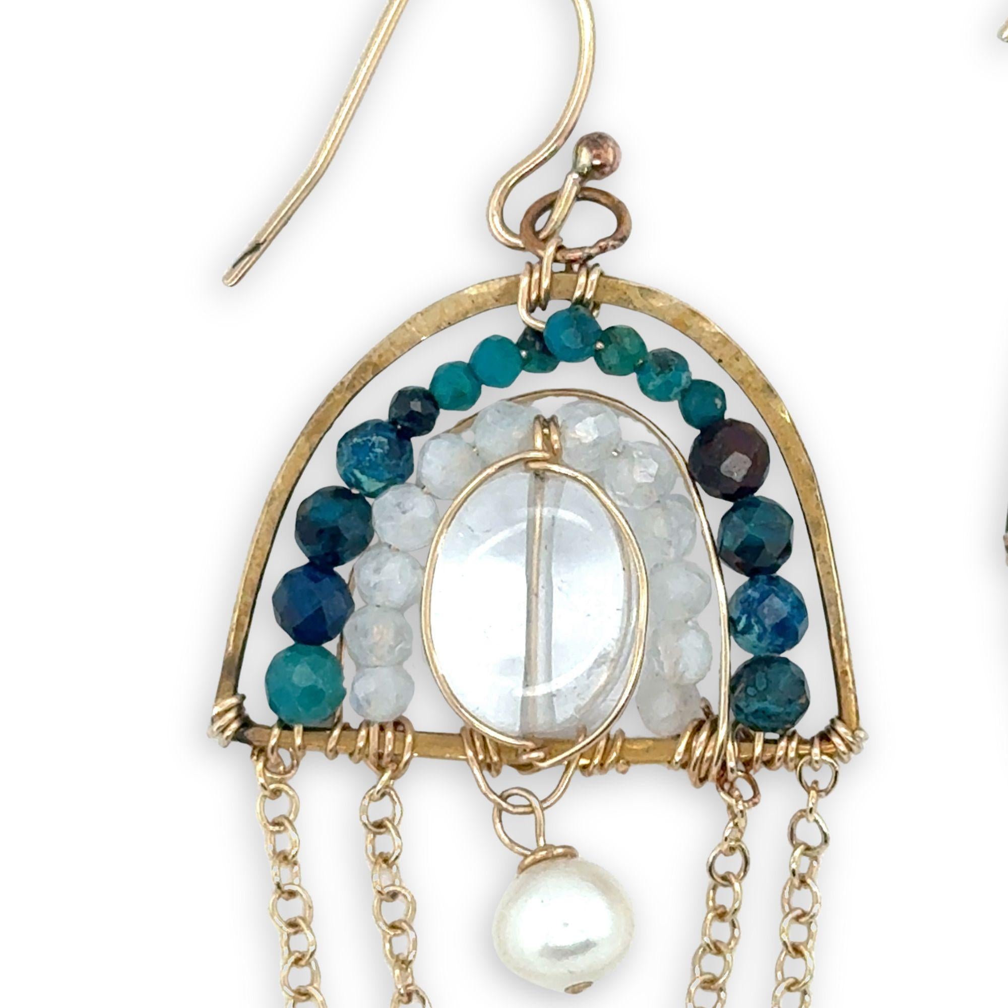 Brass semi circle earrings filled with  chrysocolla, moonstone, and clear quartz gemstones with delicate gold chain and fresh water pearl chanedlier