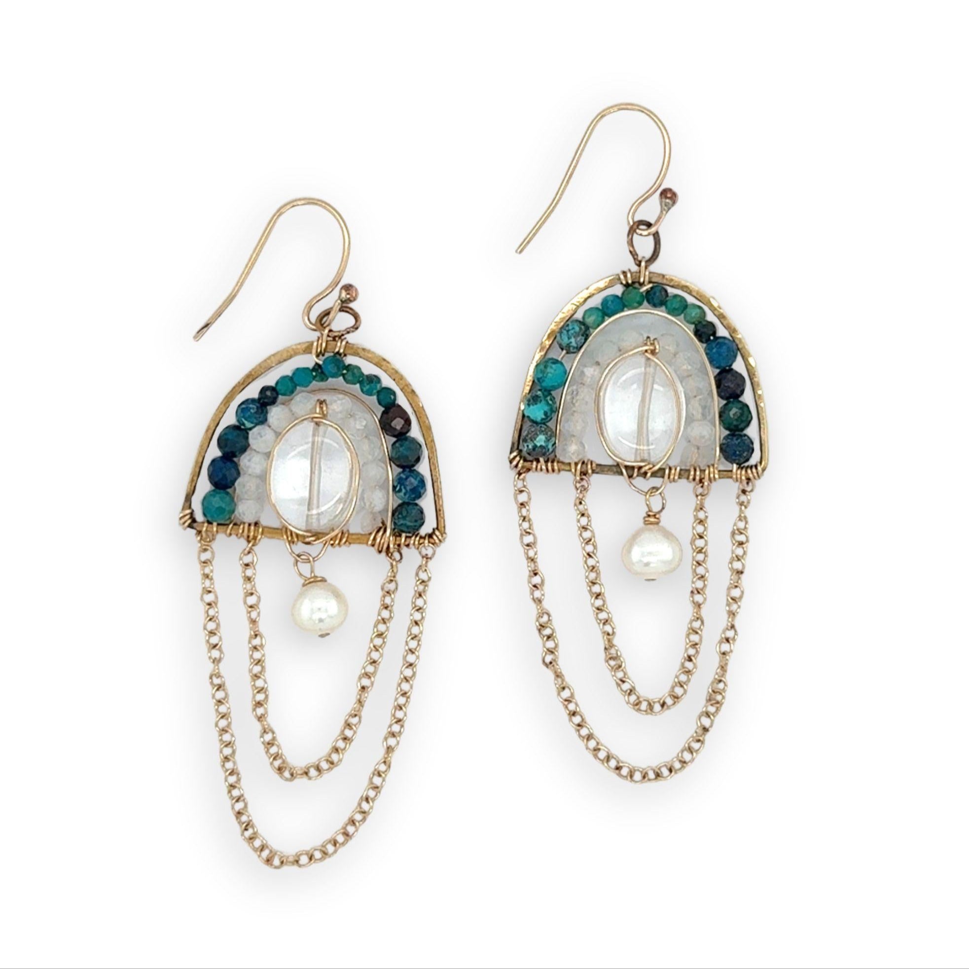 Brass semi circle earrings filled with  chrysocolla, moonstone, and clear quartz gemstones with delicate gold chain and fresh water pearl chanedlier