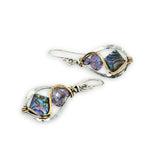 Pair of sterling silver mini marquise earrings with abalone tile gemstones and purple crystal with brass wire