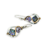 Pair of sterling silver mini marquise earrings with abalone tile gemstones and purple crystal with brass wire
