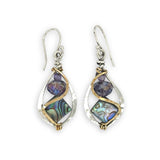 Pair of sterling silver mini marquise earrings with abalone tile gemstones and purple crystal with brass wire