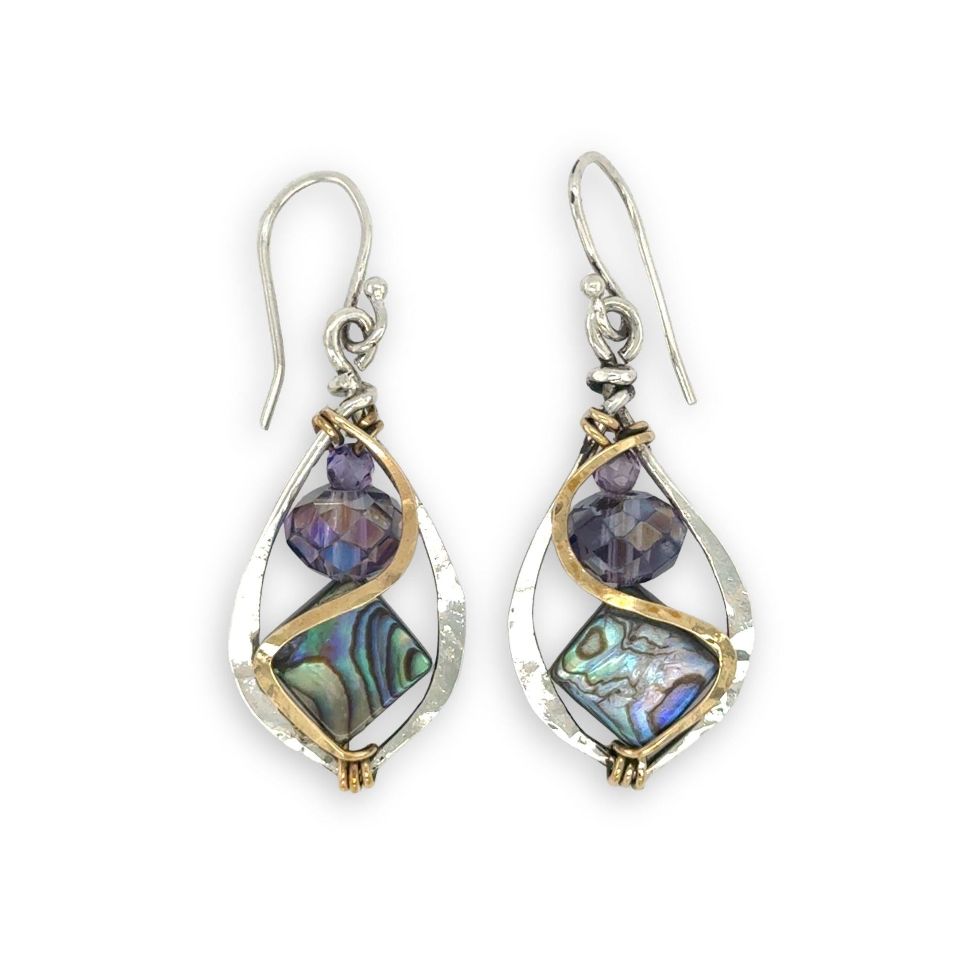 Pair of sterling silver mini marquise earrings with abalone tile gemstones and purple crystal with brass wire