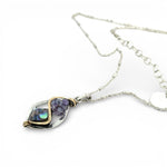 A mini sterling silver marquise pendant with abalone shell tile, purple crystal, and cubic zirconia on a sterling silver sparkle chain necklace