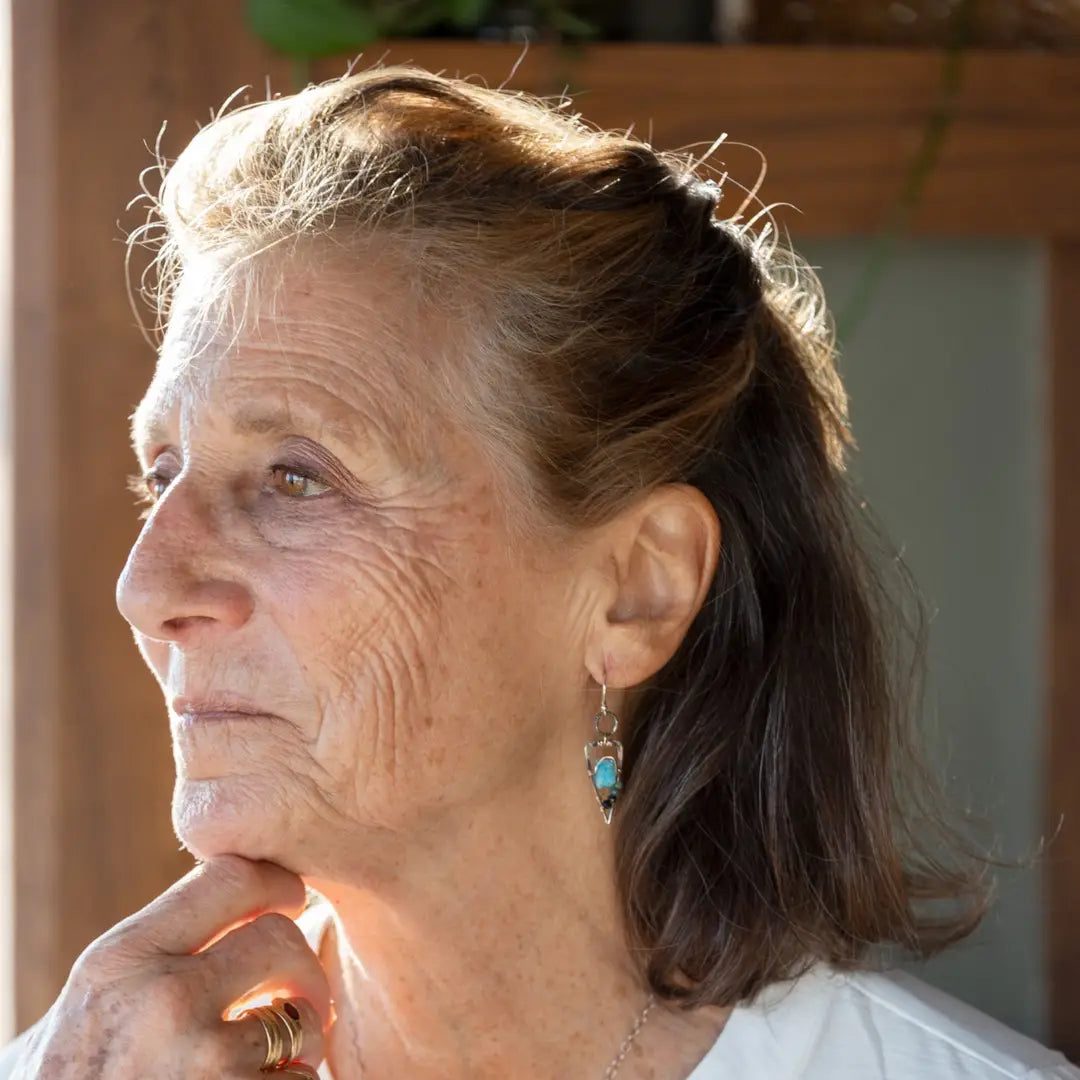 Oxidized sterling silver mini point earrings with aqua colored druzy quartz slices and blue tourmaline gemstones on gold filled wire 