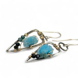Oxidized sterling silver mini point earrings with aqua colored druzy quartz slices and blue tourmaline gemstones on gold filled wire 
