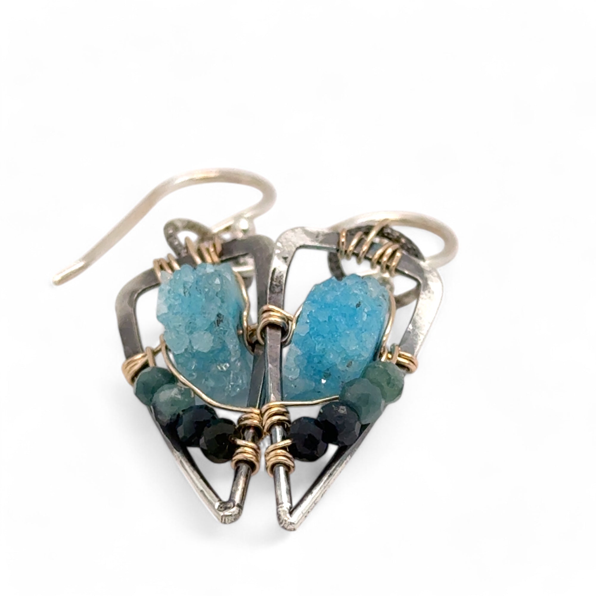 Oxidized sterling silver mini point earrings with aqua colored druzy quartz slices and blue tourmaline gemstones on gold filled wire 