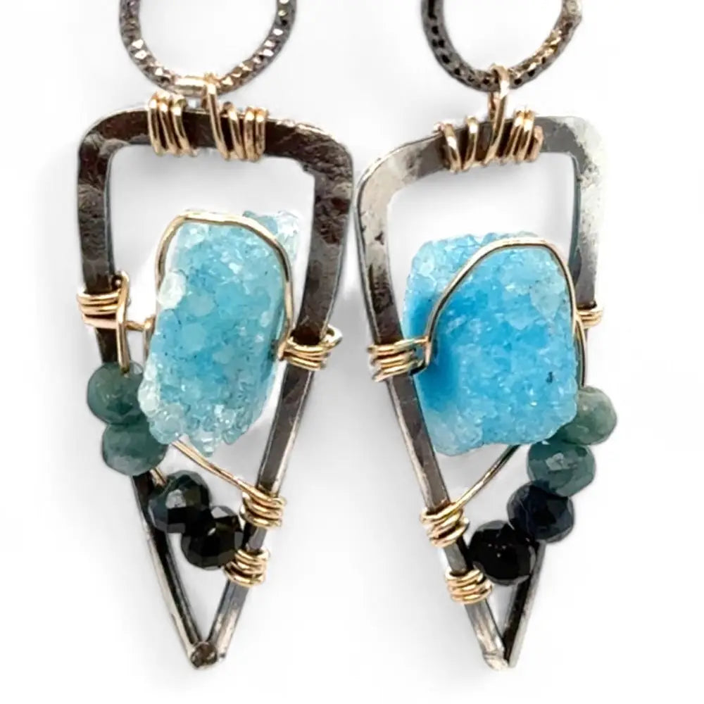 Oxidized sterling silver mini point earrings with aqua colored druzy quartz slices and blue tourmaline gemstones on gold filled wire 
