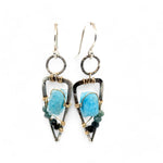 Oxidized sterling silver mini point earrings with aqua colored druzy quartz slices and blue tourmaline gemstones on gold filled wire 