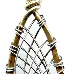 blue green crystal cone inside a brass chapel shaped earring woven with sterling silver fine wire