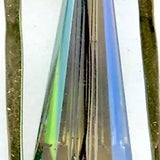 blue green crystal cone inside a brass chapel shaped earring woven with sterling silver fine wire