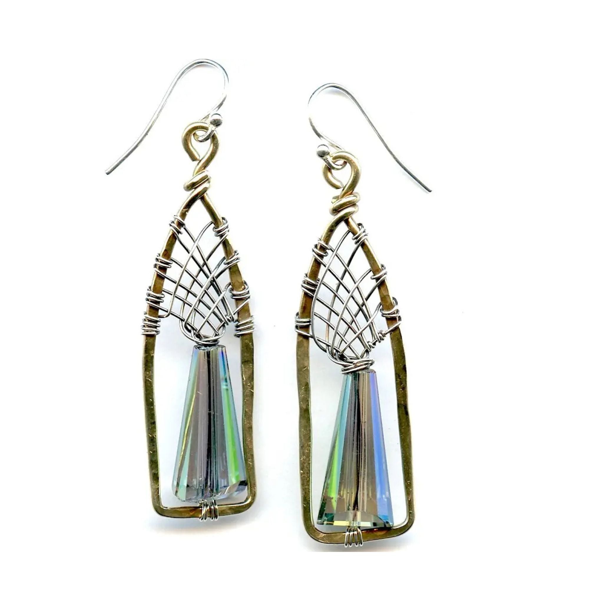 blue green crystal cone inside a brass chapel shaped earring woven with sterling silver fine wire