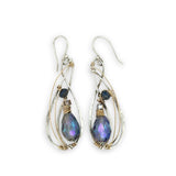 Blue crystal with lapis gemstone on a sterling silver infinity shape earrings accented with gold filled wire