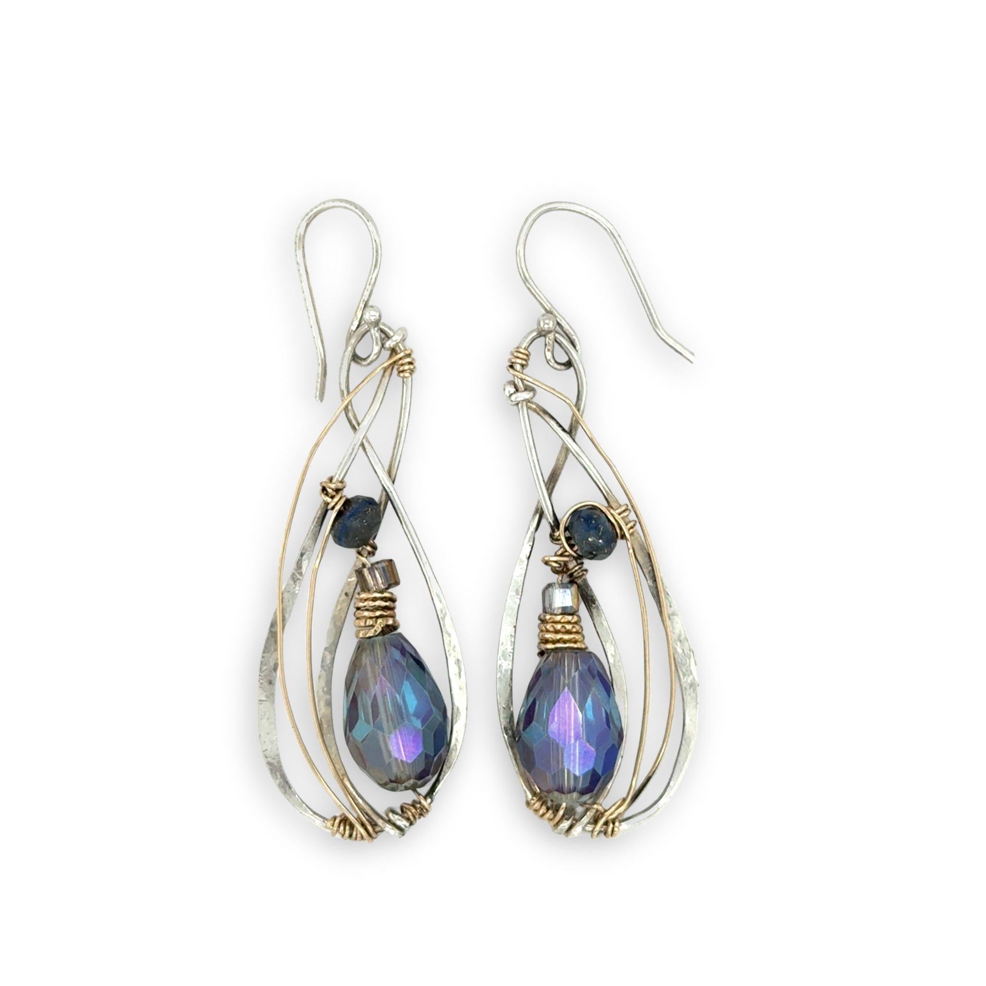 Blue crystal with lapis gemstone on a sterling silver infinity shape earrings accented with gold filled wire