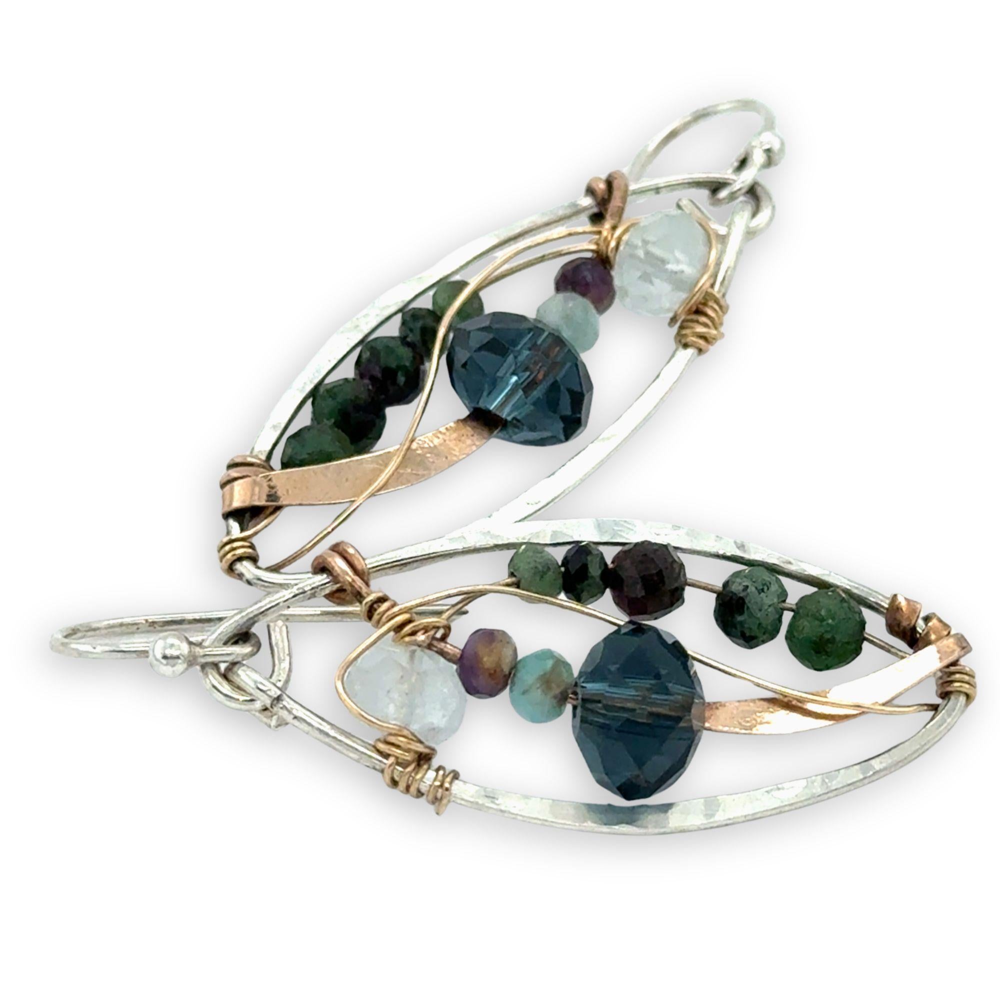 ruby zoisite, aquamarine, amethyst, and crystal gemstones are wrapped in bronze and gold filled wire in mini sterling silver hammered oval earrings