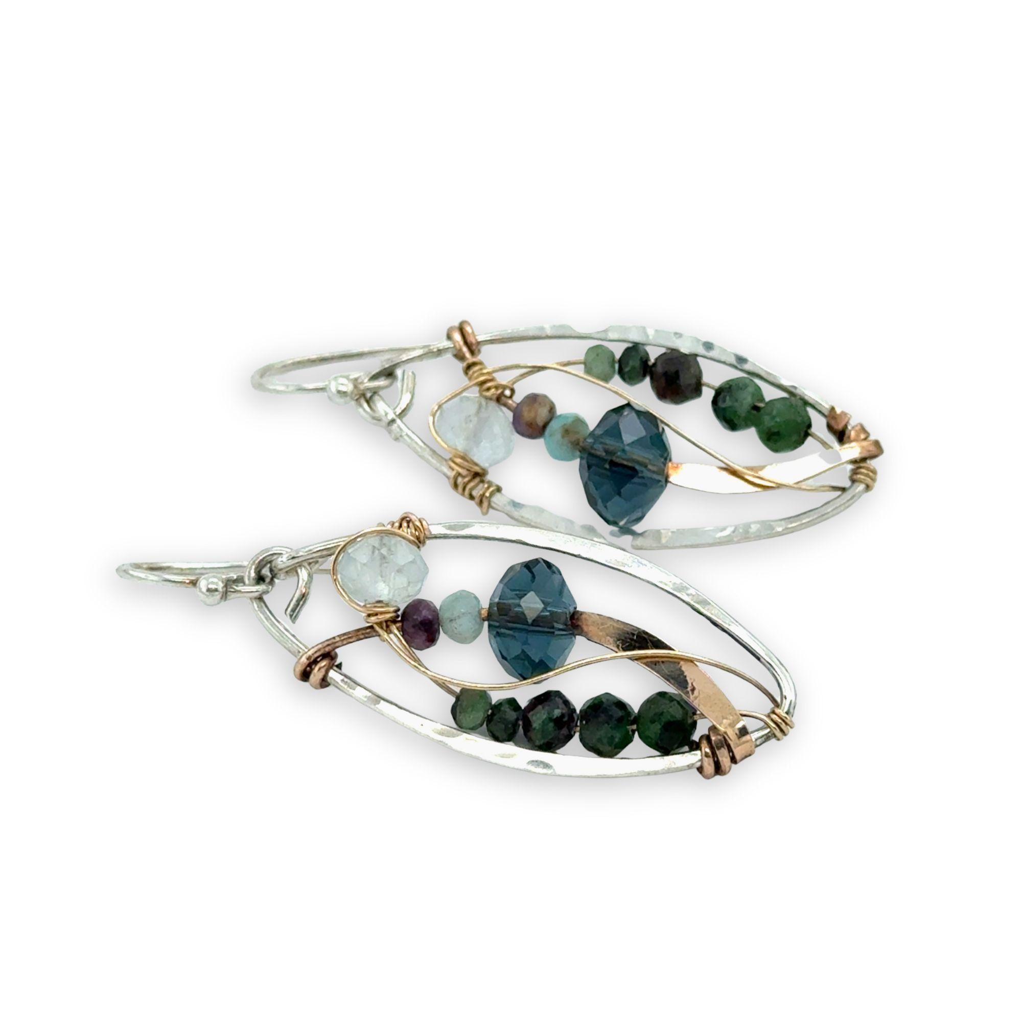 ruby zoisite, aquamarine, amethyst, and crystal gemstones are wrapped in bronze and gold filled wire in mini sterling silver hammered oval earrings